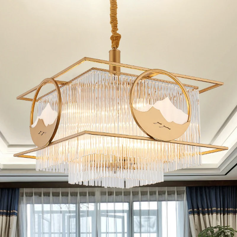 Vierkante/ronde kristallen staven druppellamp Traditionele 8-lichts zitkamerkroonluchter met gouden frame Clearhalo