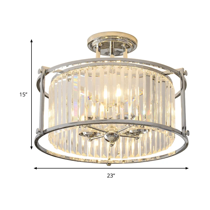 Vintage 4-lichts plafondlamp met metalen frame, trommel, semi-inbouw en kristallen prisma verchroomde afwerking Clearhalo