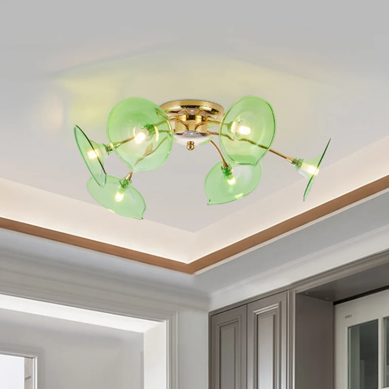 Vintage 6-lichts plafondlamp metaal messing takje semi-flush lichtarmatuur met flare groen/cognac glazen kap Clearhalo