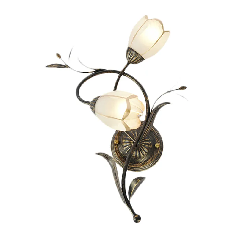 Vintage bloem wandkandelaar verlichting 2 hoofden matglazen wandlamp brons voor woonkamer, rechts/links Clearhalo