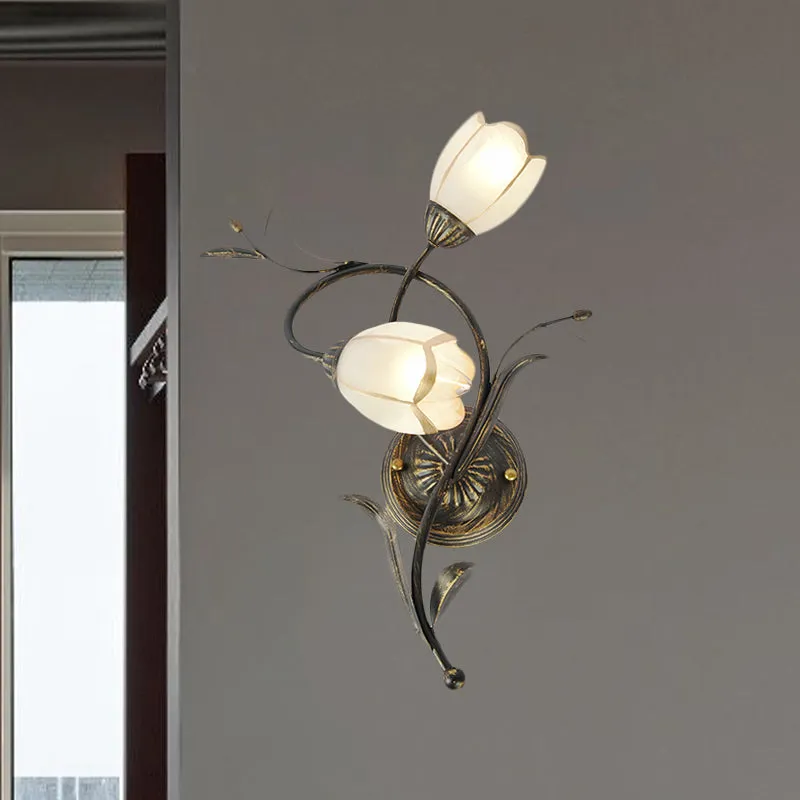 Vintage bloem wandkandelaar verlichting 2 hoofden matglazen wandlamp brons voor woonkamer, rechts/links Clearhalo