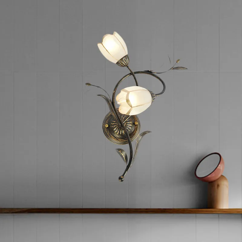 Vintage bloem wandkandelaar verlichting 2 hoofden matglazen wandlamp brons voor woonkamer, rechts/links Clearhalo