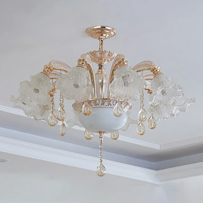 Vintage bloemen kroonluchter hanglamp geribbelde ruches glazen hanglamp met kristallen accent Clearhalo