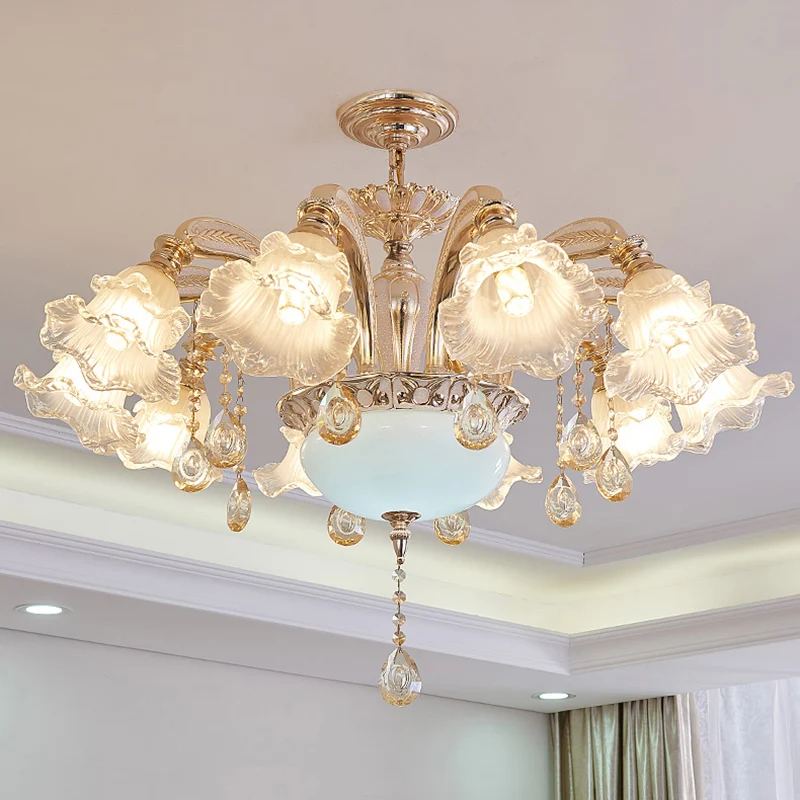Vintage bloemen kroonluchter hanglamp geribbelde ruches glazen hanglamp met kristallen accent Clearhalo