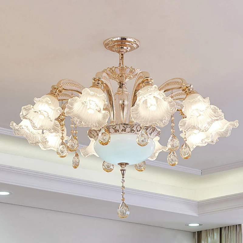 Vintage bloemen kroonluchter hanglamp geribbelde ruches glazen hanglamp met kristallen accent Clearhalo