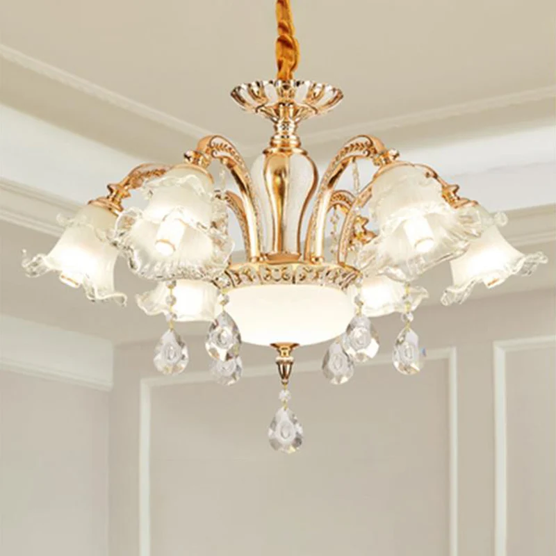 Vintage bloemen kroonluchter hanglamp geribbelde ruches glazen hanglamp met kristallen accent Clearhalo