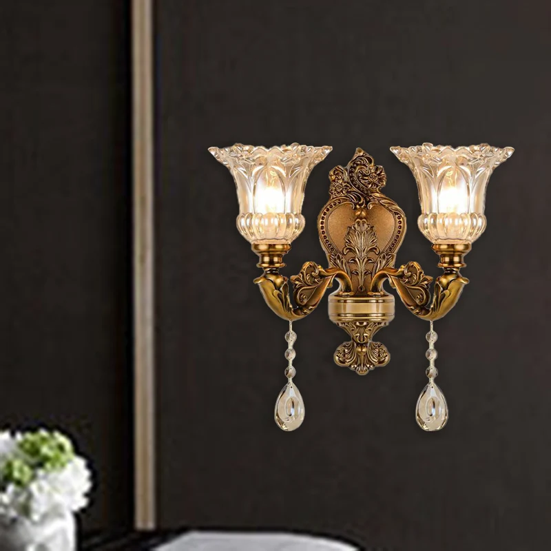 Vintage bloemen wandlamp 1/2 hoofden afgeschuinde kristallen prisma wandkandelaar licht messing Clearhalo