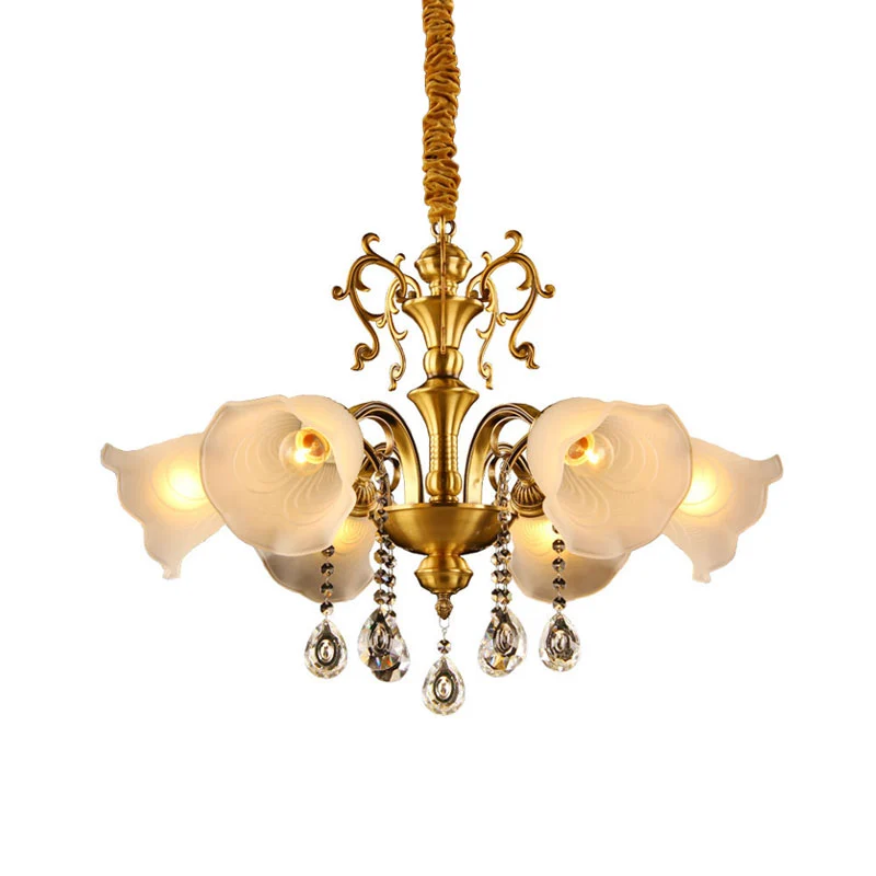 Vintage bloemenkap plafondhanglamp kristallen bollen 6 hoofden hangende kroonluchter messing Clearhalo