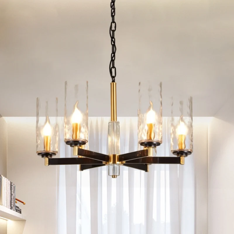 Vintage cilinder kroonluchter verlichtingsarmatuur 3/5/6 lampen helder water glazen hanglamp zwart en goud Clearhalo