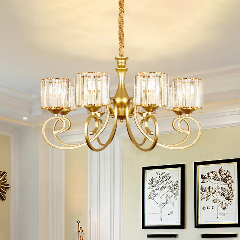 Vintage cilindrische kroonluchterverlichting 8-koppig helder kristalblok hanglicht goud Clearhalo