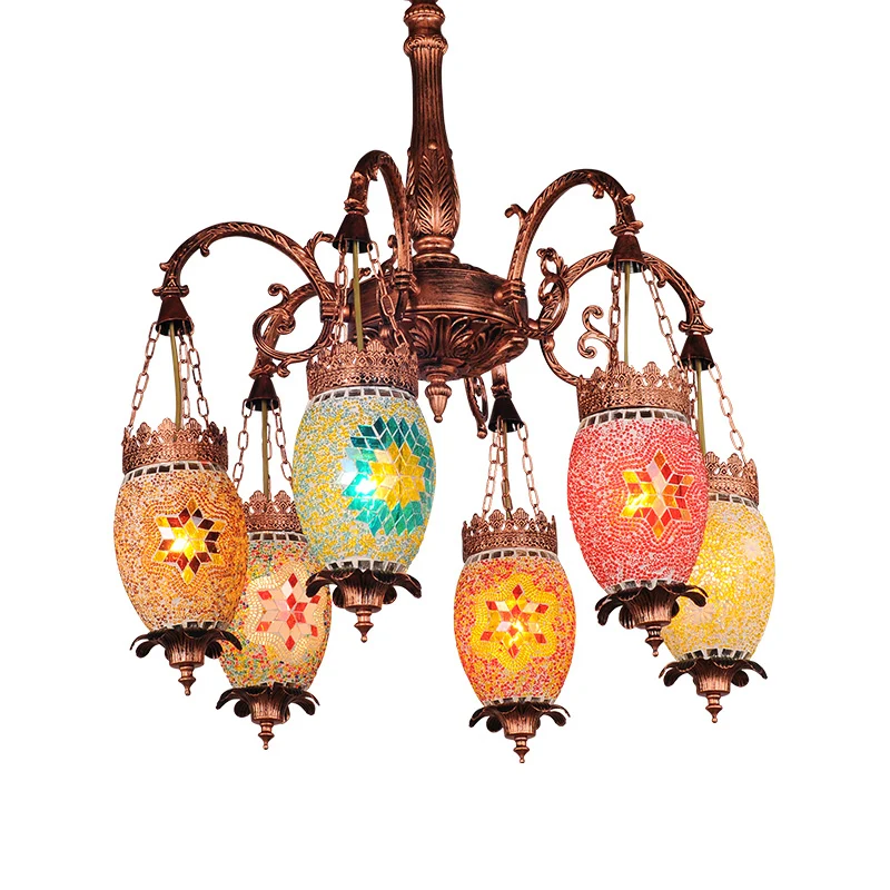 Vintage druppelkroonluchter die kleurrijk glas 6 koppen ophanglicht koper verlicht voor restaurant Clearhalo
