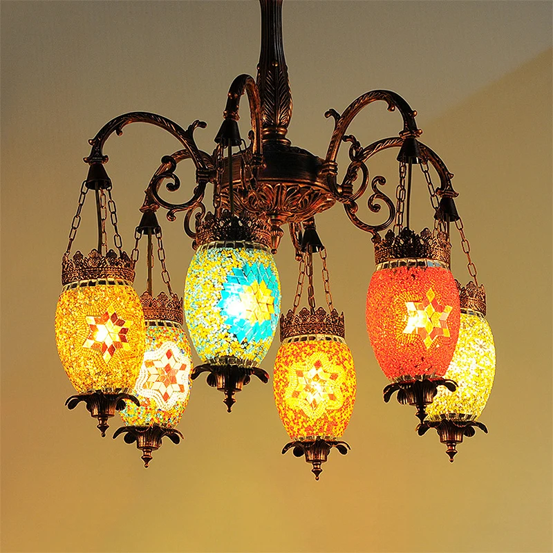 Vintage druppelkroonluchter die kleurrijk glas 6 koppen ophanglicht koper verlicht voor restaurant Clearhalo