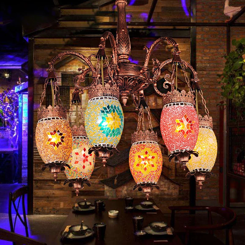Vintage druppelkroonluchter die kleurrijk glas 6 koppen ophanglicht koper verlicht voor restaurant Clearhalo