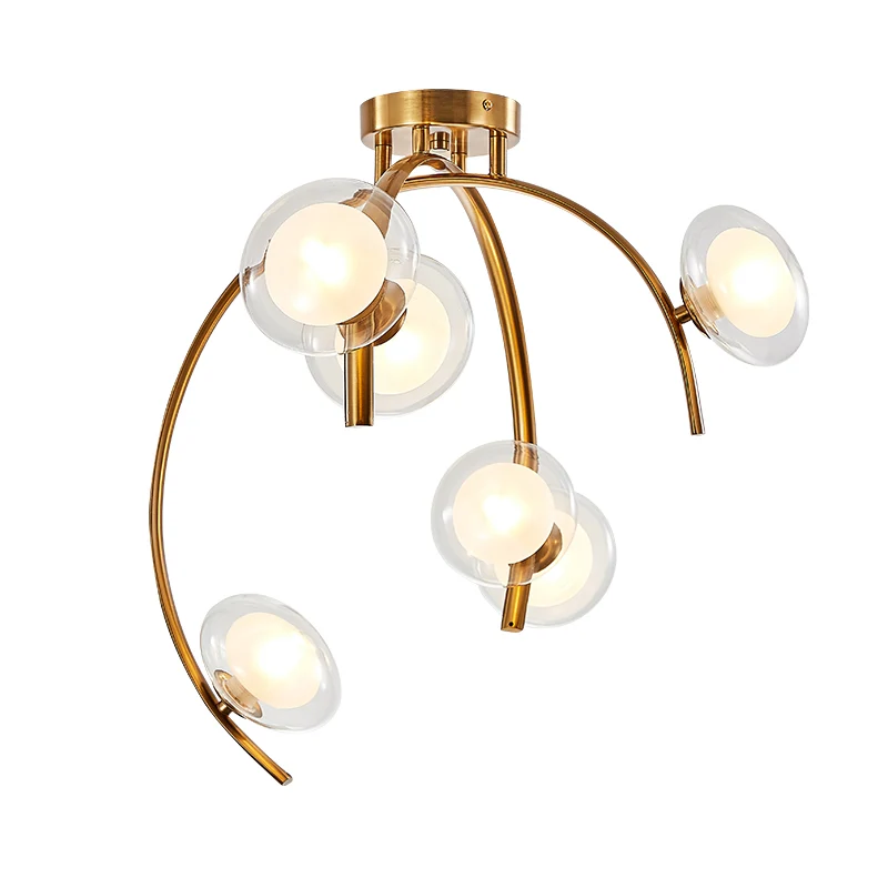 Vintage Dual Orb Shade Semi Flush Transparant Glas 6 Lampen Eettafel Inbouw Kroonluchter met Gouden Takje Design Clearhalo