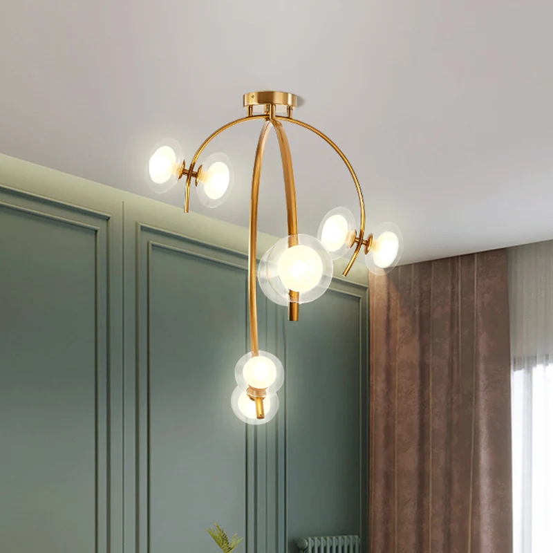 Vintage Dual Orb Shade Semi Flush Transparant Glas 6 Lampen Eettafel Inbouw Kroonluchter met Gouden Takje Design Clearhalo