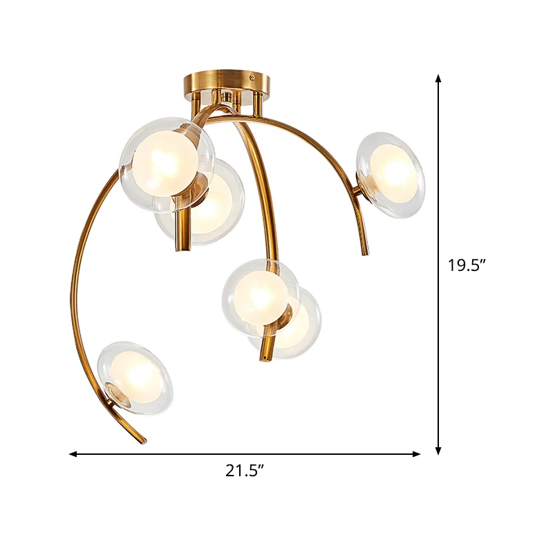 Vintage Dual Orb Shade Semi Flush Transparant Glas 6 Lampen Eettafel Inbouw Kroonluchter met Gouden Takje Design Clearhalo