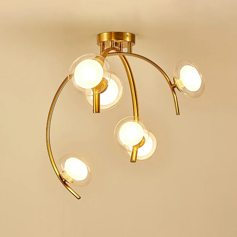Vintage Dual Orb Shade Semi Flush Transparant Glas 6 Lampen Eettafel Inbouw Kroonluchter met Gouden Takje Design Clearhalo