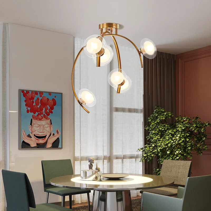 Vintage Dual Orb Shade Semi Flush Transparant Glas 6 Lampen Eettafel Inbouw Kroonluchter met Gouden Takje Design Clearhalo
