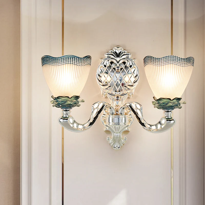Vintage geschulpte wandlamp 2 hoofden opaal geribbeld glazen wandverlichting idee zilver Clearhalo