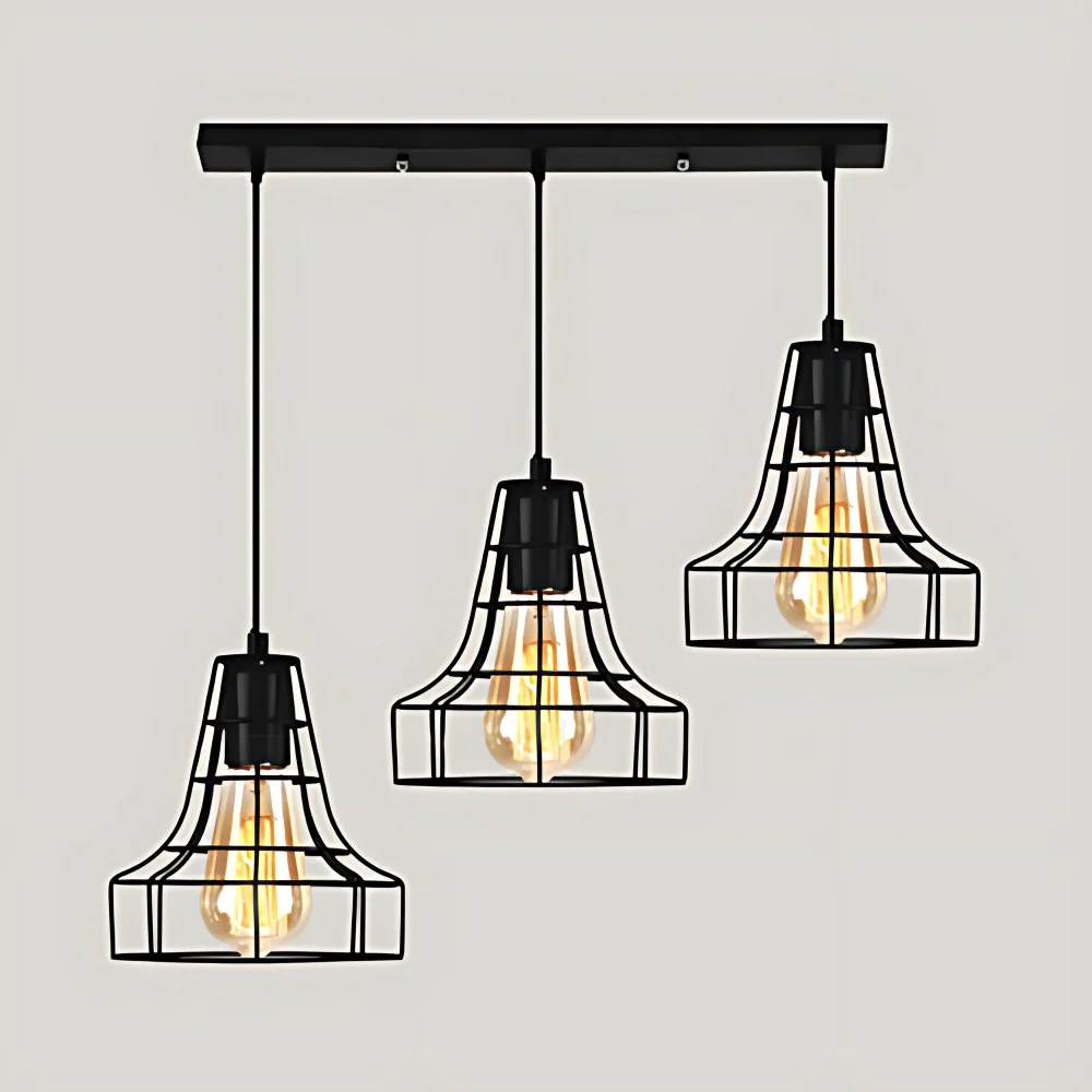Vintage industriële hangende hanglamp met 3 koppen, metalen hangende plafondlamp met ronde/lineaire luifel zwart Clearhalo