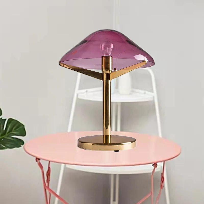 Vintage Jellyfish Tafelverlichting Paars Glas 1 Licht Nachtkastje Lamp met Messing Standaard Clearhalo