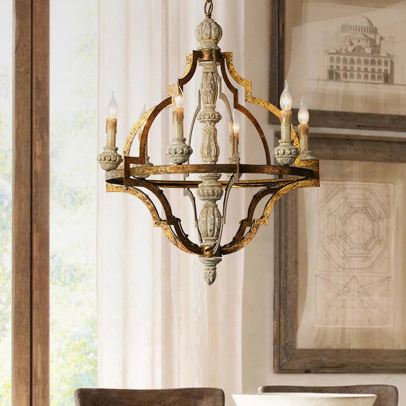 Vintage kaarsvorm hangende hanger 6 lampen houten plafondkroonluchter antiek messing voor eetkamer Clearhalo