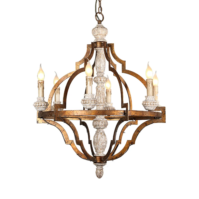 Vintage kaarsvorm hangende hanger 6 lampen houten plafondkroonluchter antiek messing voor eetkamer Clearhalo