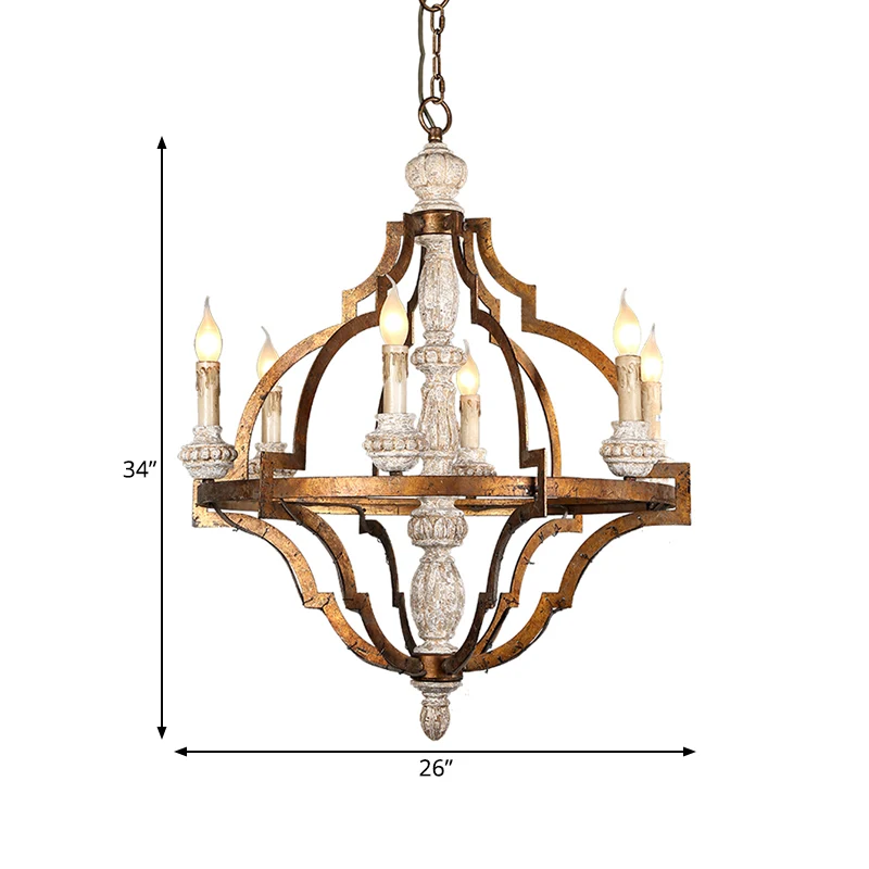 Vintage kaarsvorm hangende hanger 6 lampen houten plafondkroonluchter antiek messing voor eetkamer Clearhalo