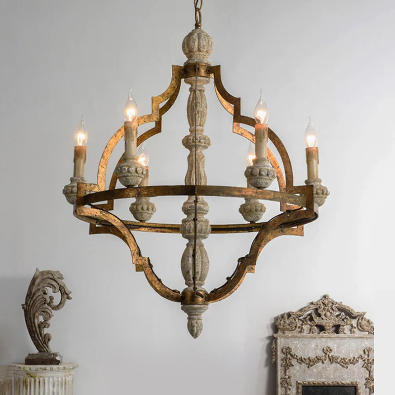 Vintage kaarsvorm hangende hanger 6 lampen houten plafondkroonluchter antiek messing voor eetkamer Clearhalo