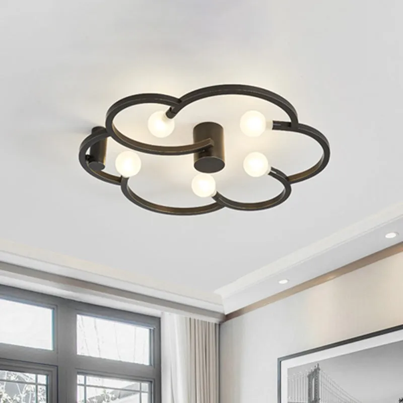 Vintage kale lamp semi-flush 5 lampen ijzeren inbouwlamp zwart/goud met bloemenkooi voor slaapkamer Clearhalo