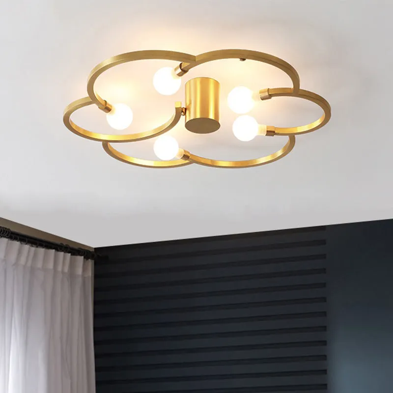 Vintage kale lamp semi-flush 5 lampen ijzeren inbouwlamp zwart/goud met bloemenkooi voor slaapkamer Clearhalo