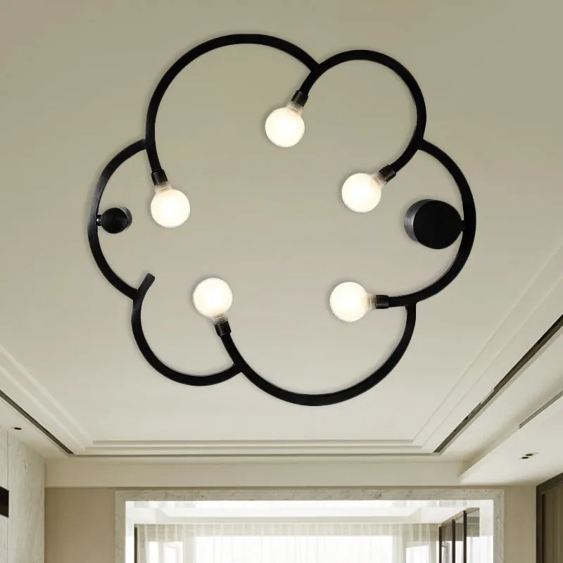 Vintage kale lamp semi-flush 5 lampen ijzeren inbouwlamp zwart/goud met bloemenkooi voor slaapkamer Clearhalo