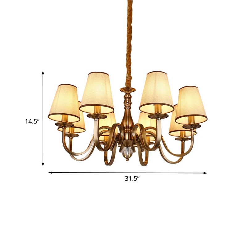Vintage kegelvormige hanglamp, 6/8 lampen, stoffen hangende kroonluchter met gebogen arm messing voor de woonkamer Clearhalo