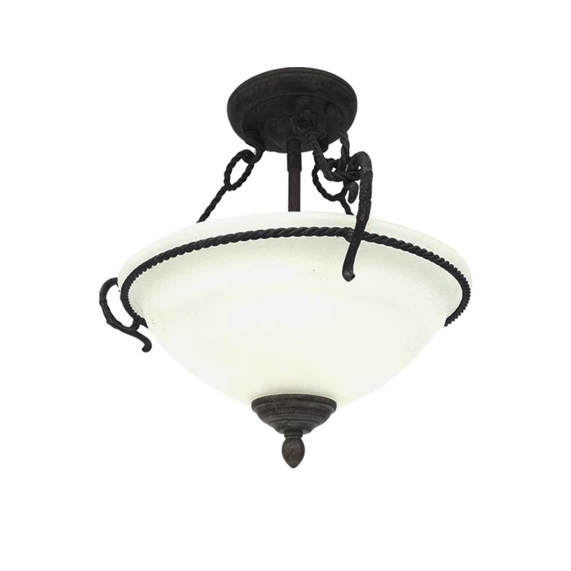Vintage kom semi-gemonteerde verlichting 3 lampen crèmekleurige glazen verzonken kroonluchter met touwdetail zwart Clearhalo