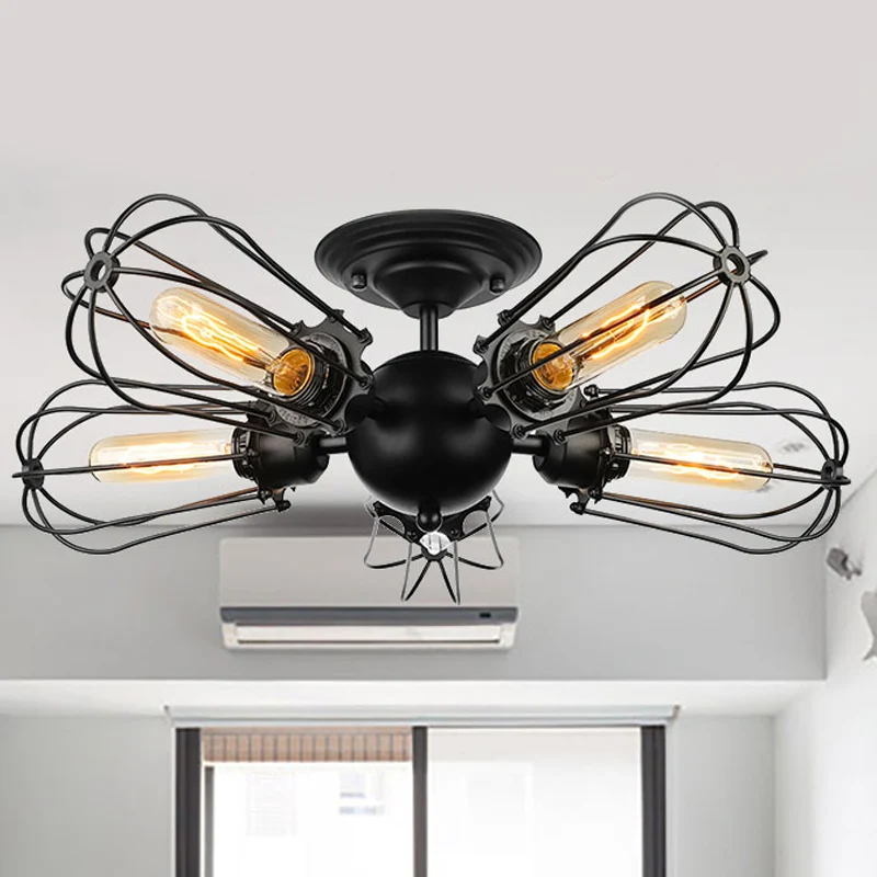 Vintage lampvormige semi-inbouwlamp met draadframe 3/5 lichts metalen plafondlamp zwart voor boerderij Clearhalo