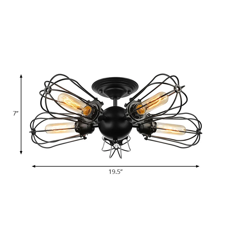 Vintage lampvormige semi-inbouwlamp met draadframe 3/5 lichts metalen plafondlamp zwart voor boerderij Clearhalo