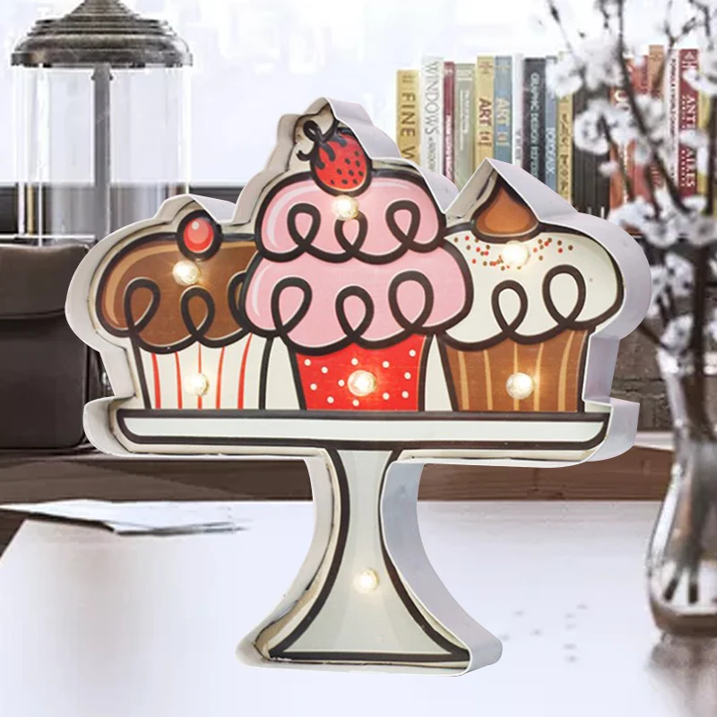 Vintage LED-inbouw wandkandelaar licht wit en bruin cake/roze ijs/blauw en rood drankjes wandmontage nachtlamp met ijzeren...