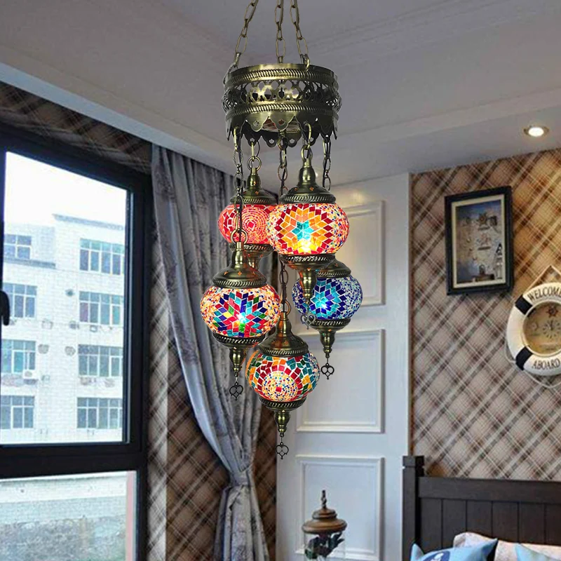 Vintage ovale kroonluchter lichtarmatuur 5 hoofden gekleurd kunstglas hanglamp voor slaapkamer oranje/blauw Clearhalo