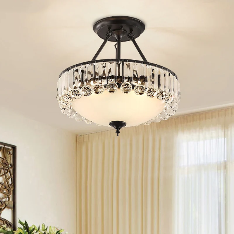 Vintage ronde semi-inbouwlamp helder K9 kristal en melkglas 4-lichts plafondgemonteerd armatuur zwarte afwerking Clearhalo
