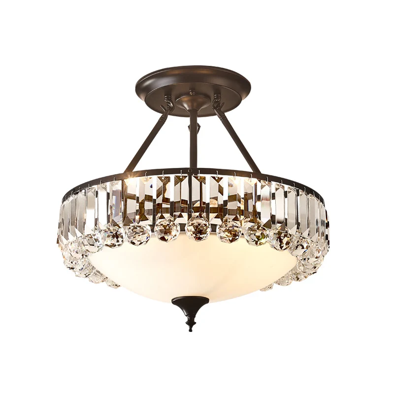 Vintage ronde semi-inbouwlamp helder K9 kristal en melkglas 4-lichts plafondgemonteerd armatuur zwarte afwerking Clearhalo