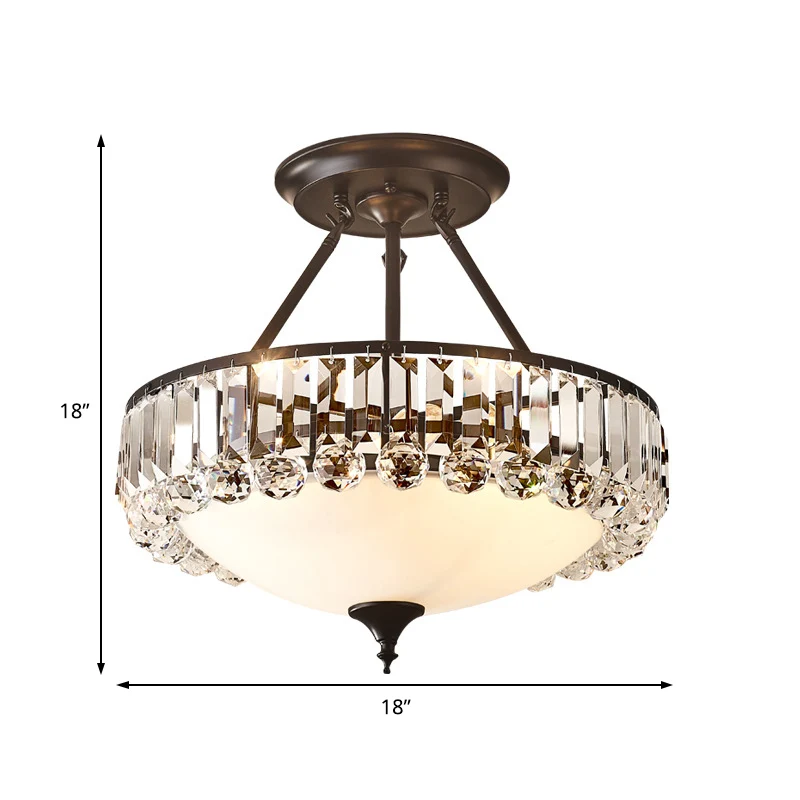 Vintage ronde semi-inbouwlamp helder K9 kristal en melkglas 4-lichts plafondgemonteerd armatuur zwarte afwerking Clearhalo