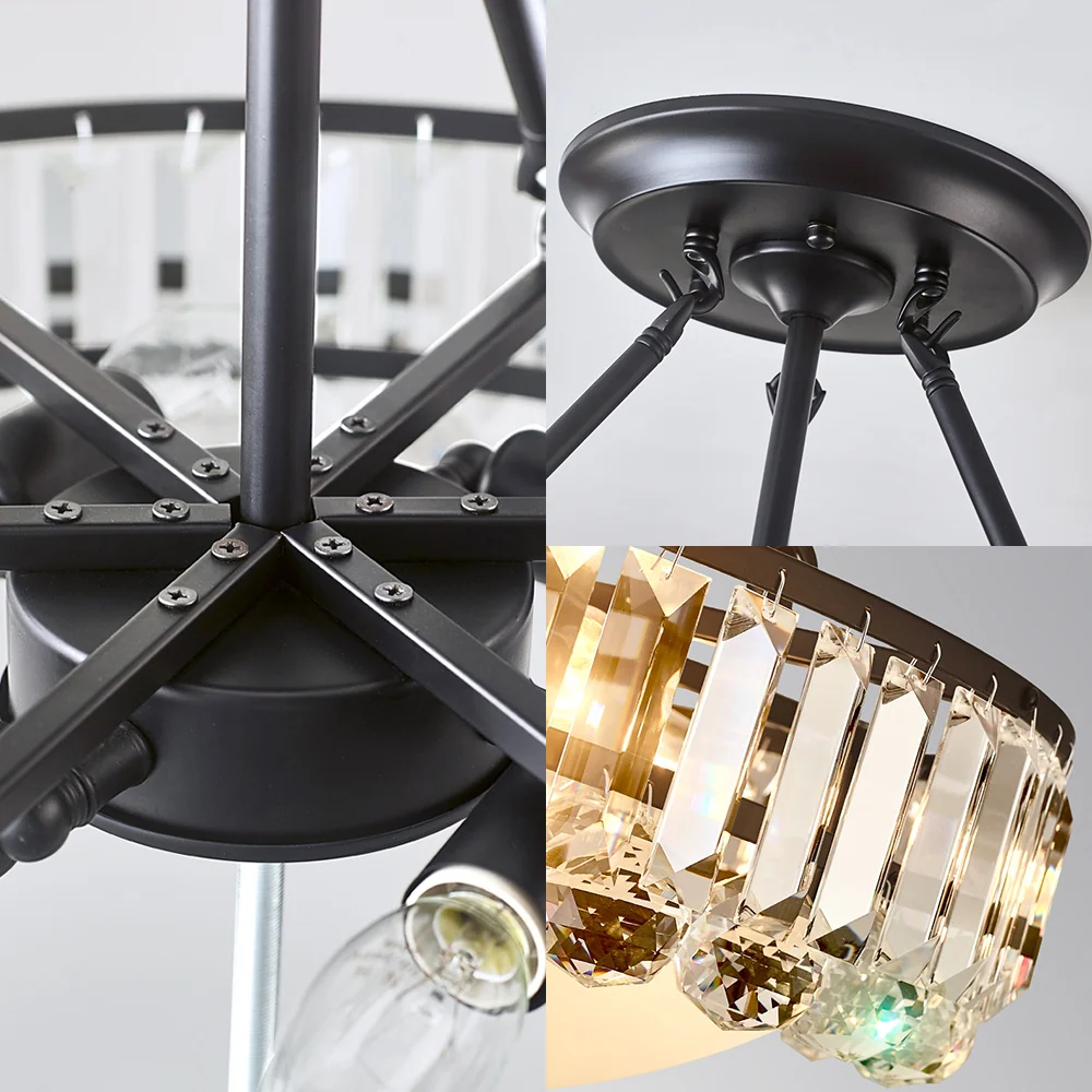 Vintage ronde semi-inbouwlamp helder K9 kristal en melkglas 4-lichts plafondgemonteerd armatuur zwarte afwerking Clearhalo