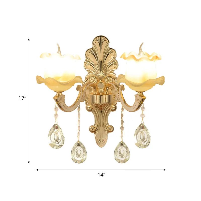 Vintage Ruffled Sconce Lighting 1/2-Head Frosted Glass Wall Mount Armatuur goud voor badkamer Clearhalo