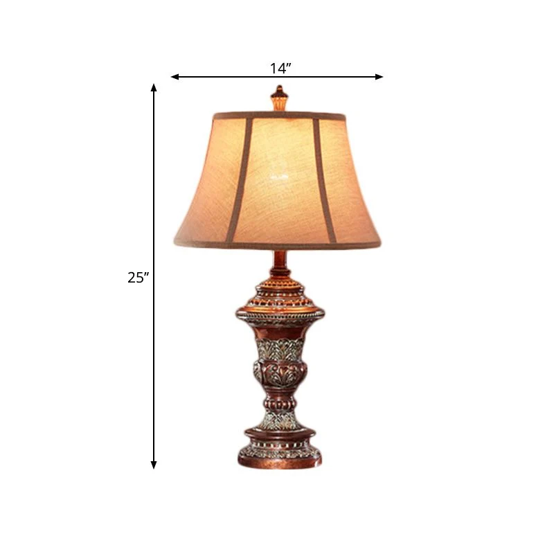 Vintage stijl Bell Shade nachtkastje lamp 1 lamp stoffen bureaulamp roodbruin met urnvormige voet, 25"/29,5" H Clearhalo