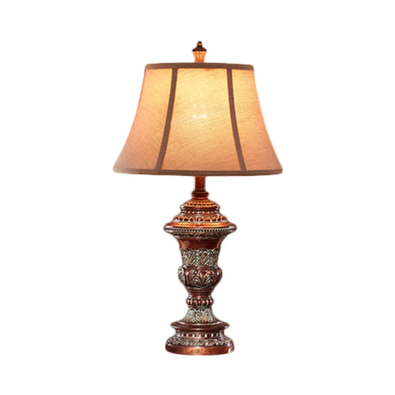 Vintage stijl Bell Shade nachtkastje lamp 1 lamp stoffen bureaulamp roodbruin met urnvormige voet, 25"/29,5" H Clearhalo