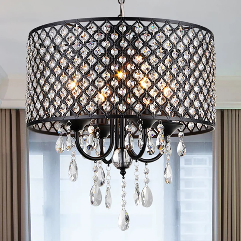 Vintage stijl zwart/chroom kroonluchterlamp met trommelkap 4 lampen ijzer en kristallen hanglamp Clearhalo