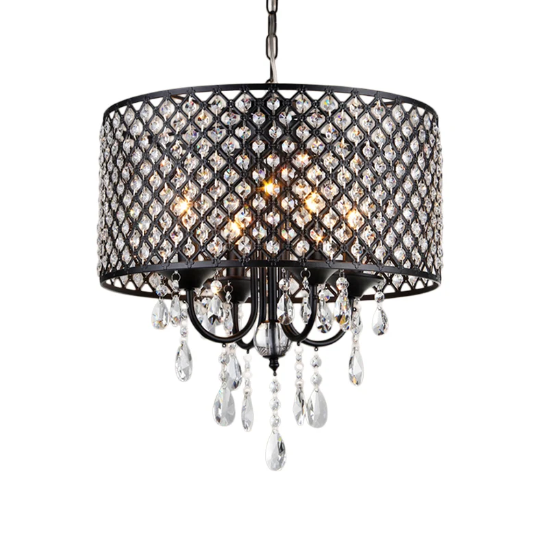 Vintage stijl zwart/chroom kroonluchterlamp met trommelkap 4 lampen ijzer en kristallen hanglamp Clearhalo