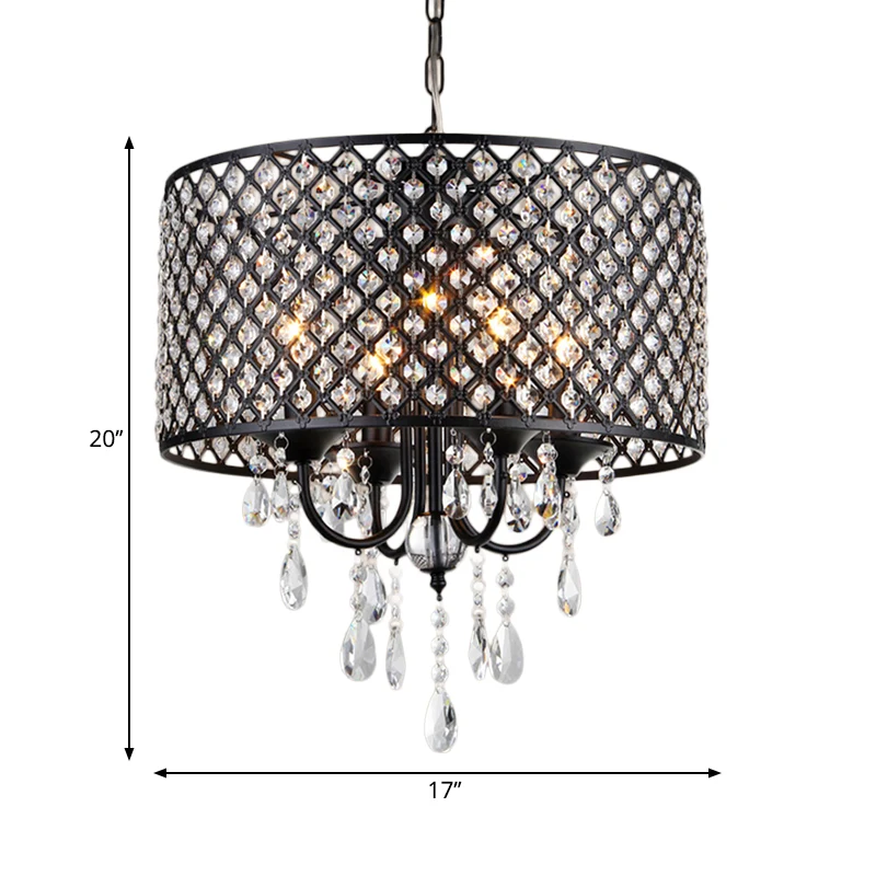 Vintage stijl zwart/chroom kroonluchterlamp met trommelkap 4 lampen ijzer en kristallen hanglamp Clearhalo