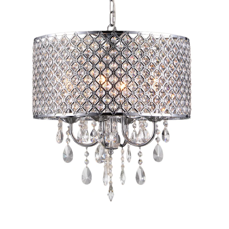 Vintage stijl zwart/chroom kroonluchterlamp met trommelkap 4 lampen ijzer en kristallen hanglamp Clearhalo
