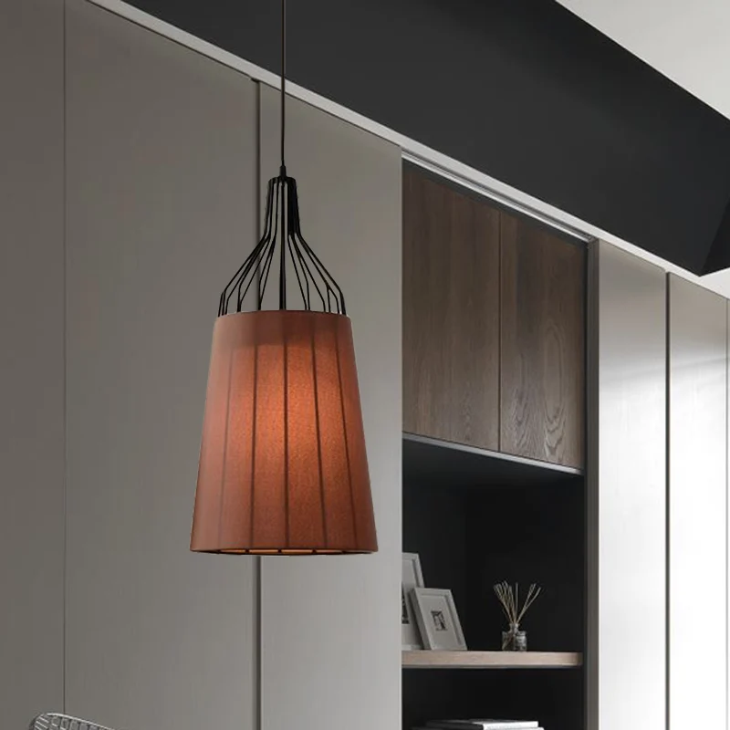 11 "/ 14" W vintage taps toelopende plafondkroonluchter 3 lampen stoffen ophanglamp zwart/koffie/beige met ijzeren frame C...